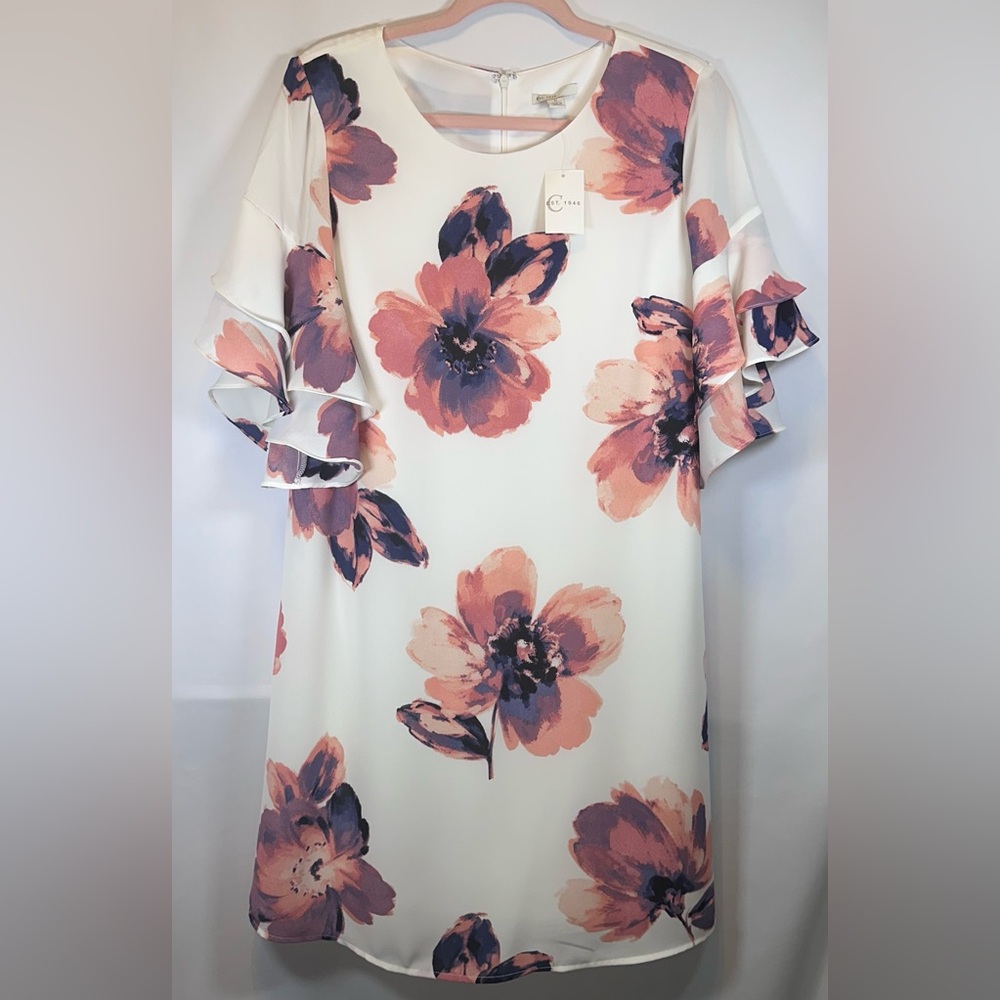 Cato Ivory Floral Ruffle Sleeve Dress Women’s Size 8